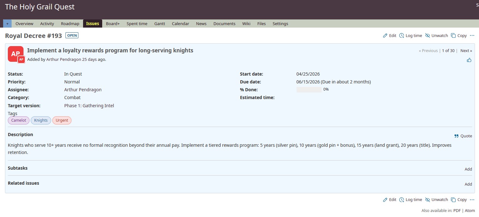 Tags+ tag pills on a Redmine issue with color coding